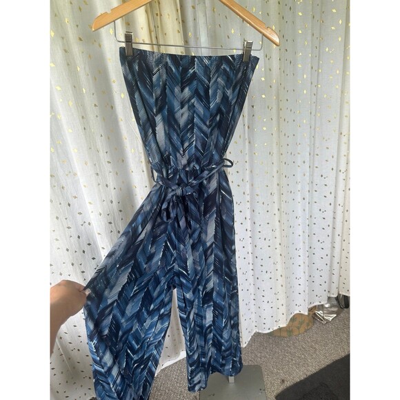 JWLovesMe Strapless Graphic Chevron Tie Belt Capri Wide Leg Palazzo Jumpsuit M - Picture 2 of 6